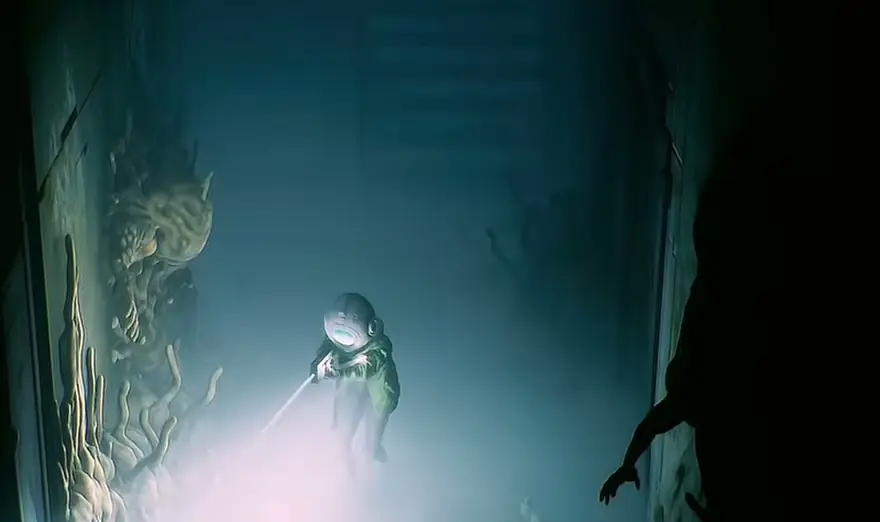 Cel sweeping her scanner light down a fog-filled tunnel corridor
