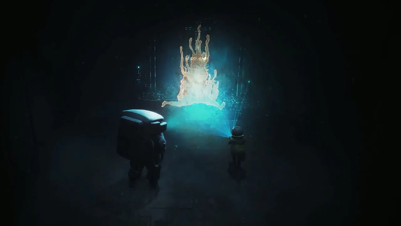 Cel standing at a glowing blue machine bank inside the facility