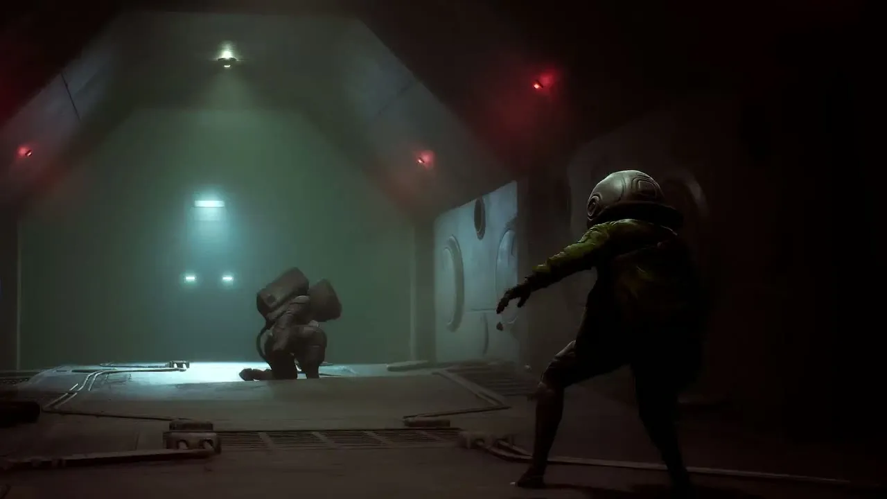 A husk creature standing in a red-lit facility corridor