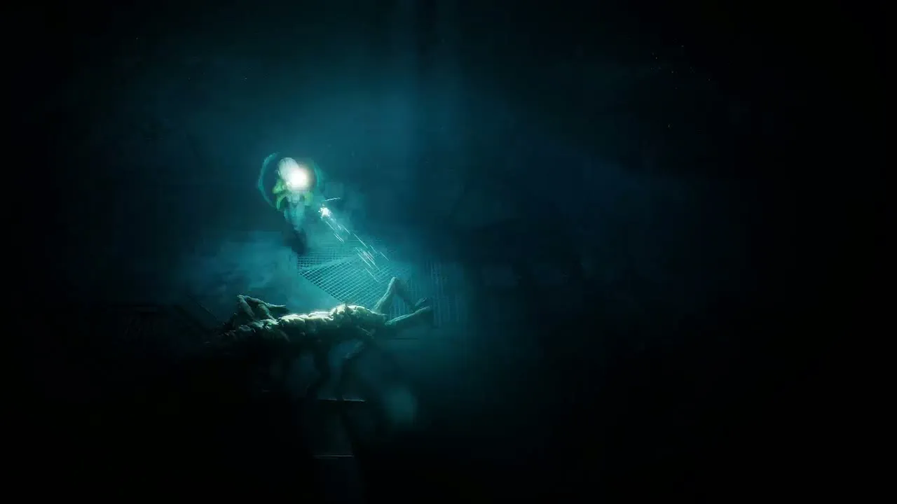 Helmeted soldier shining a light over a slumped creature in blue facility fog