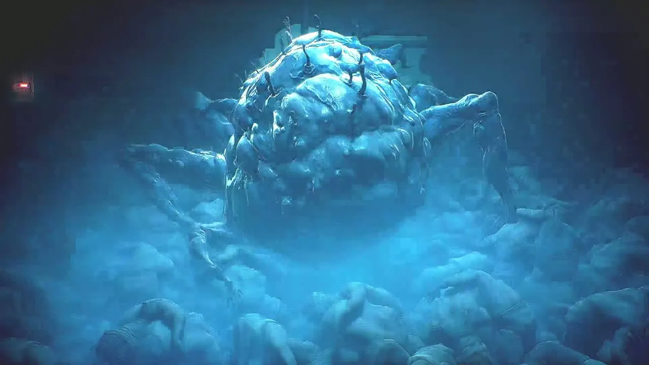 A massive glowing creature mass rising out of dark floodwater