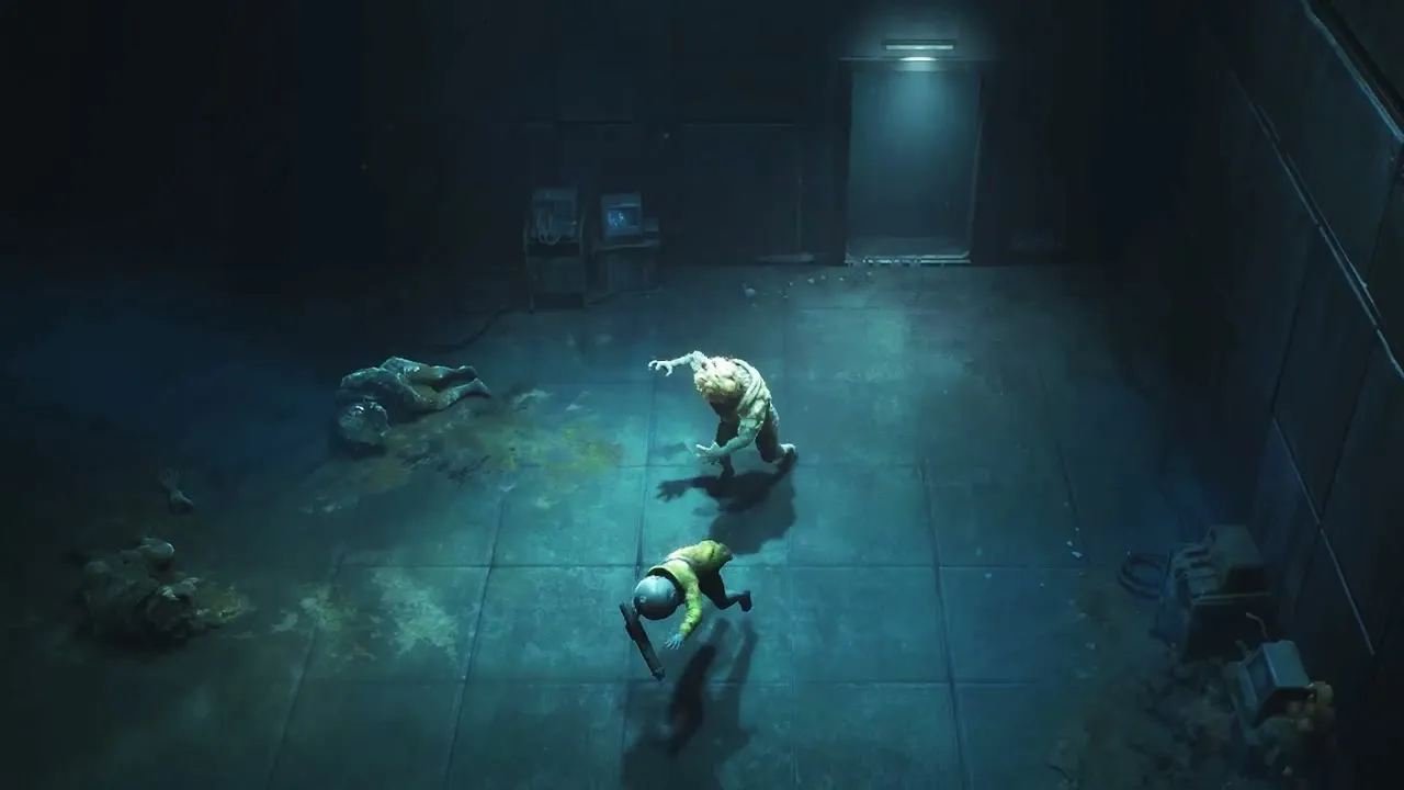 Cel facing two husk creatures in a teal-lit storage room