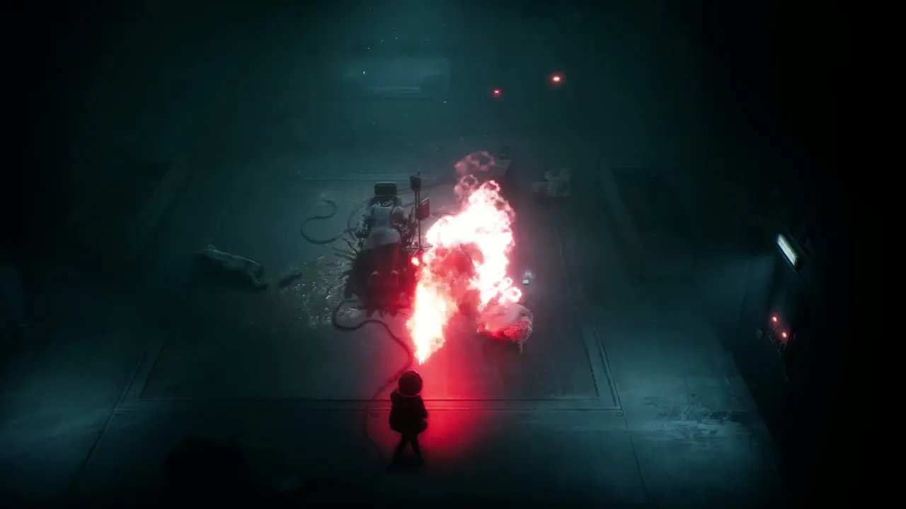 Cel watches a red explosion blast a husk mass in a dark facility room