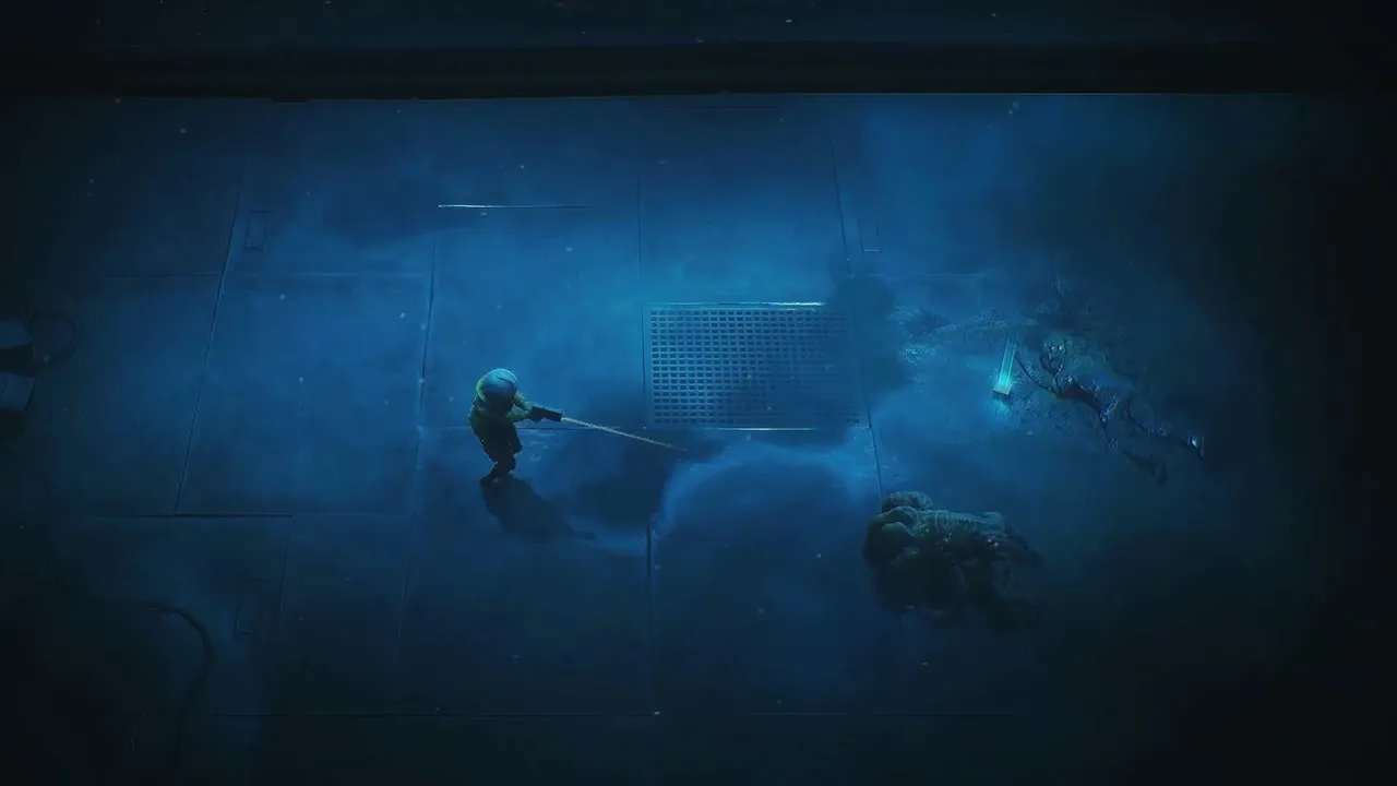 Pale creature drifting through blue mist above the facility floor in End of Abyss