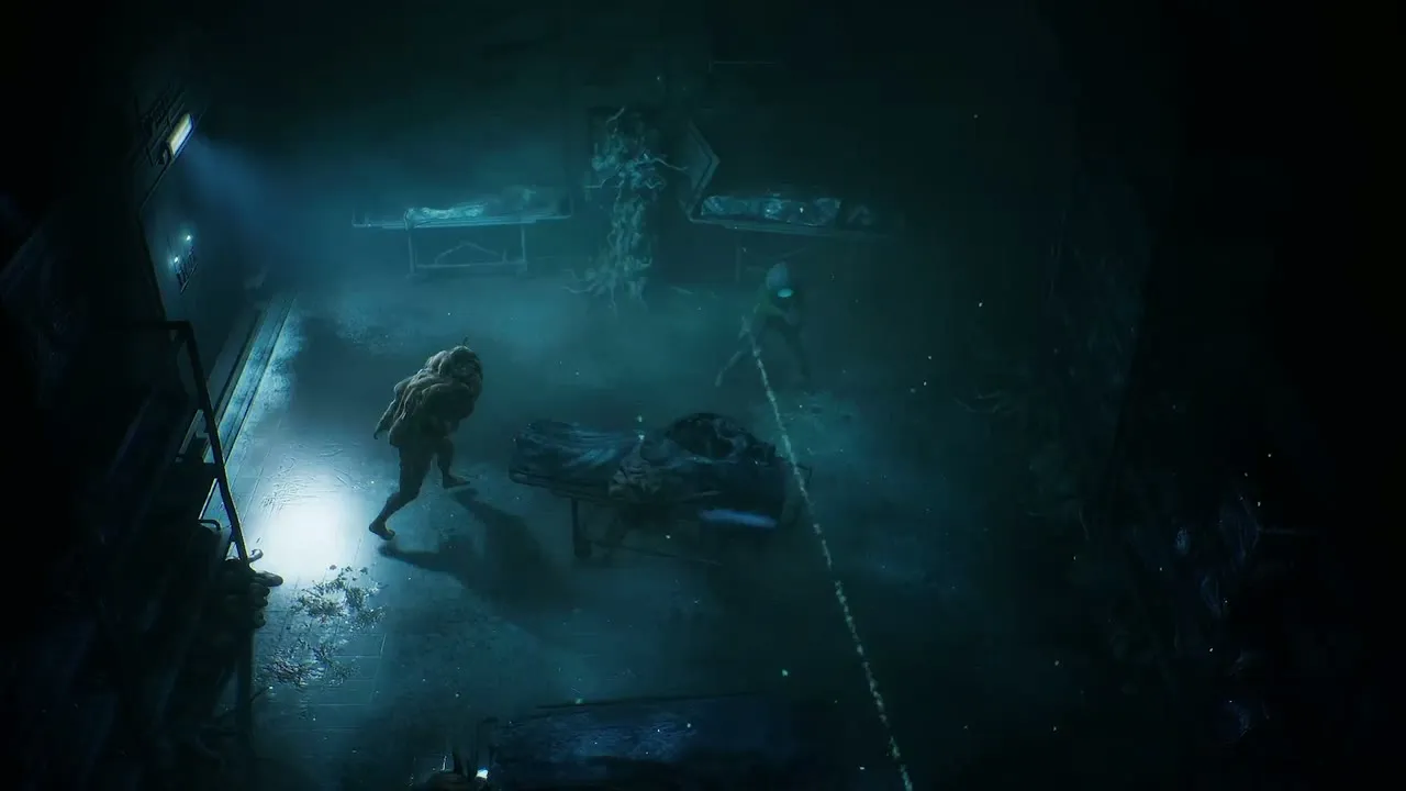 Cel standing in a blue-lit chamber beside stacked supply crates
