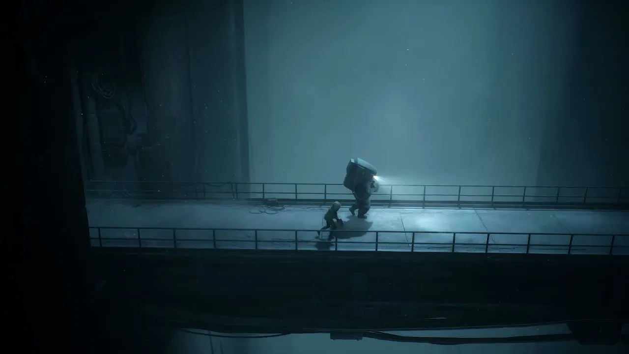 Cel balancing on a pipe beam above a misty industrial passage